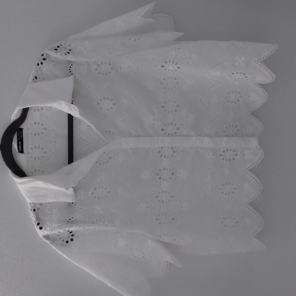 Shein Eyelet Embroidery Design White Cotton Top Sz L New - Picture 3 of 8